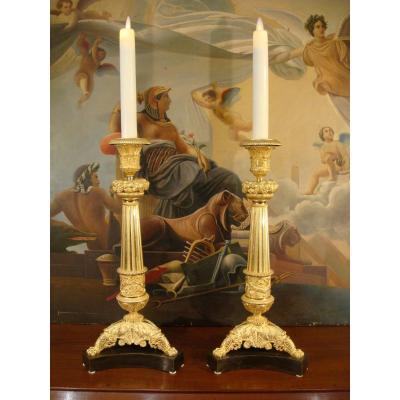 Pair Of Large Gilt Bronze Candlesticks - Charles X Period