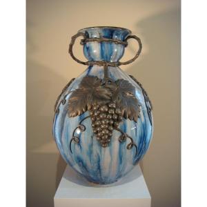 Large Enamelled Stoneware And Pewter Vase - Guerin