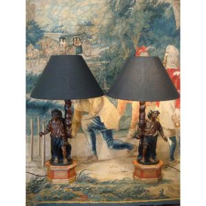 Pair Of Angels In Polychrome Wood Mounted In Lamps - Eighteenth Time