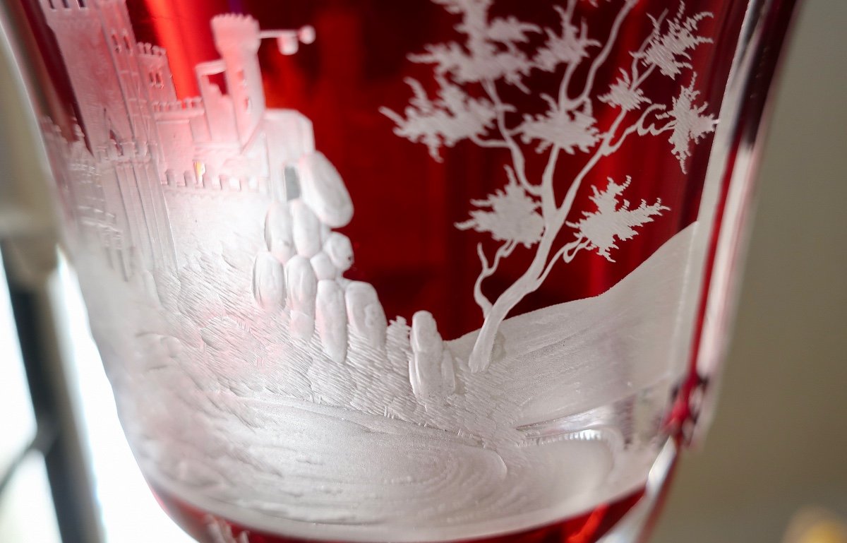 Cut Bohemian Crystal Chalice, 19th Biedermeier, Extreme Fine Engraving, Pokal, Cup..-photo-2