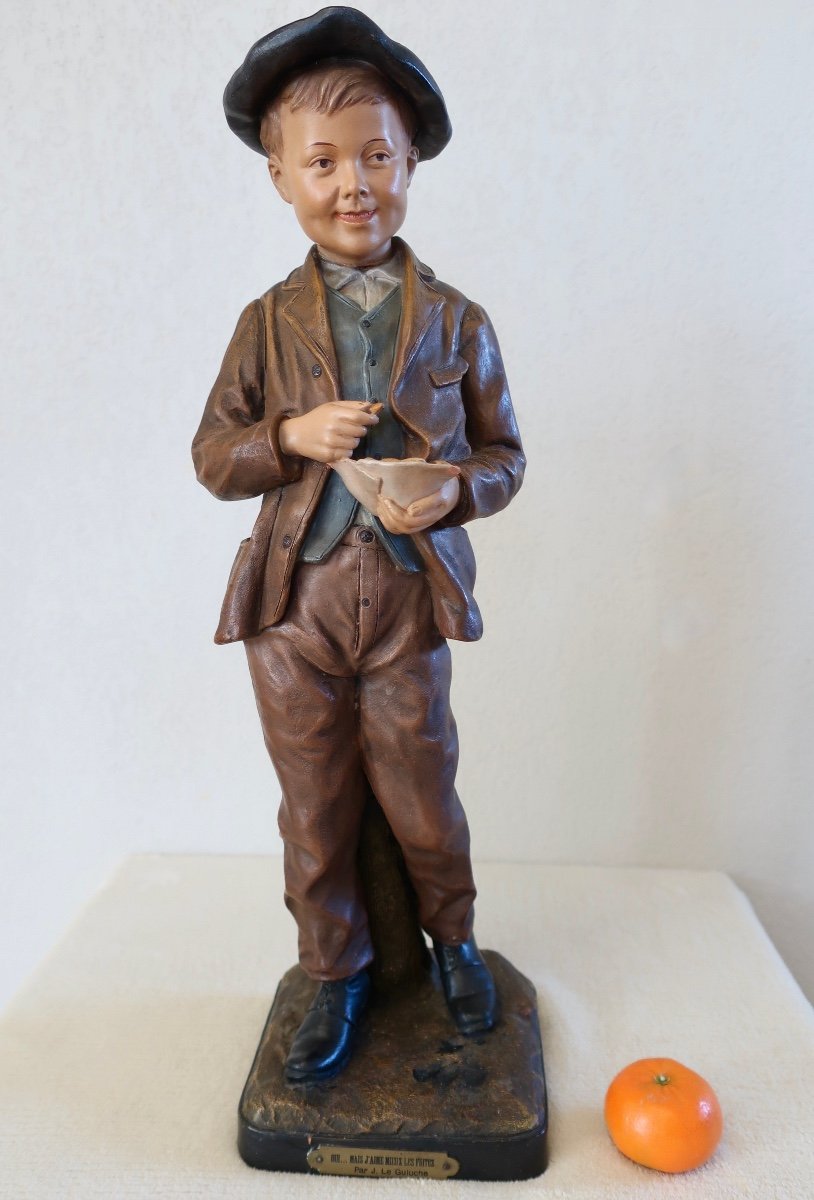 19th Century Terracotta By Joseph Le Guluche, Boy With A Cornet Of Fries, Damaged