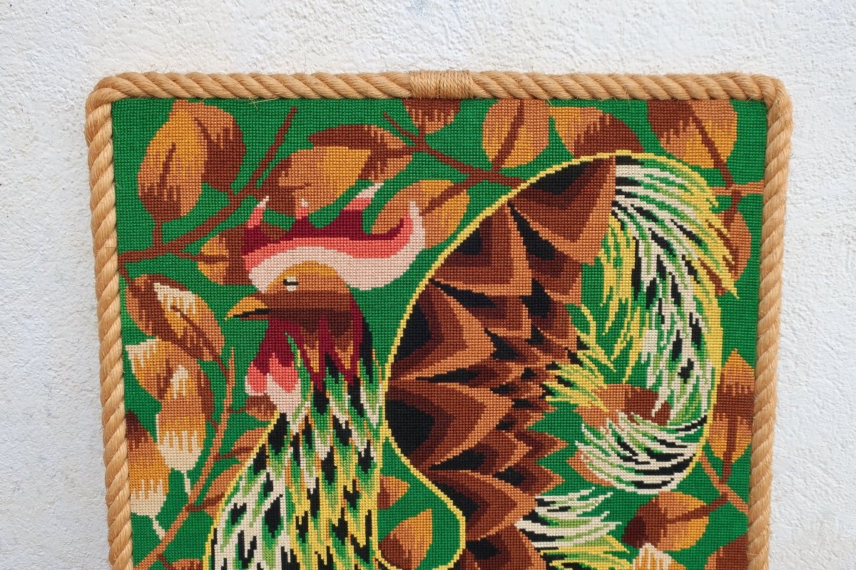 Vintage Rooster Tapestry / Canvas, Framed With Rope, Circa 1950/1960.-photo-2
