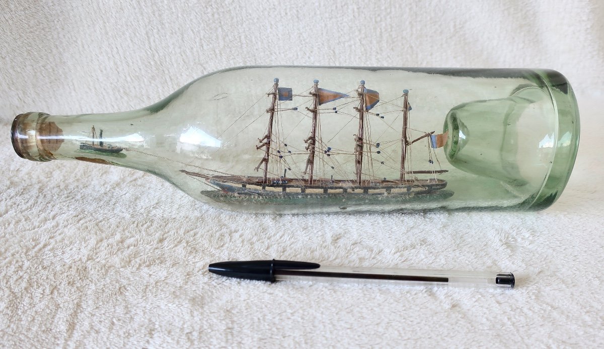 Boat, Sailboat In Bottle, With Tugboat, 19th Century-photo-2