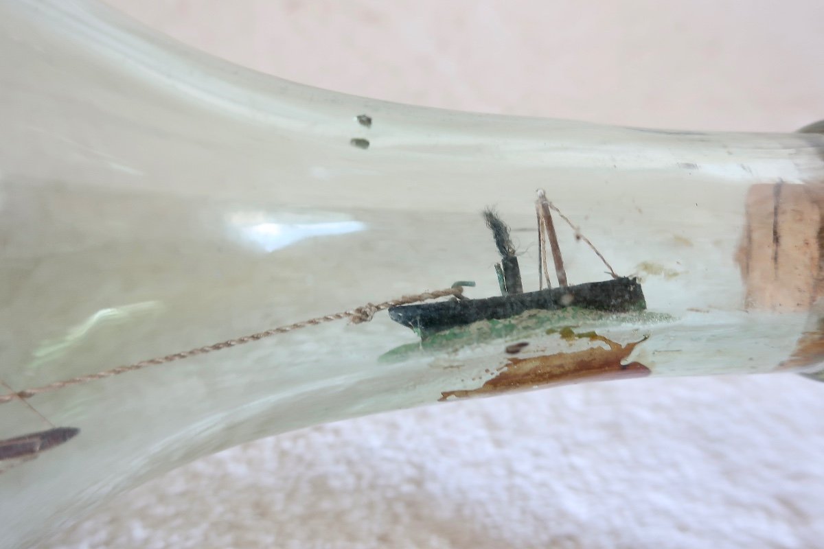 Boat, Sailboat In Bottle, With Tugboat, 19th Century-photo-3