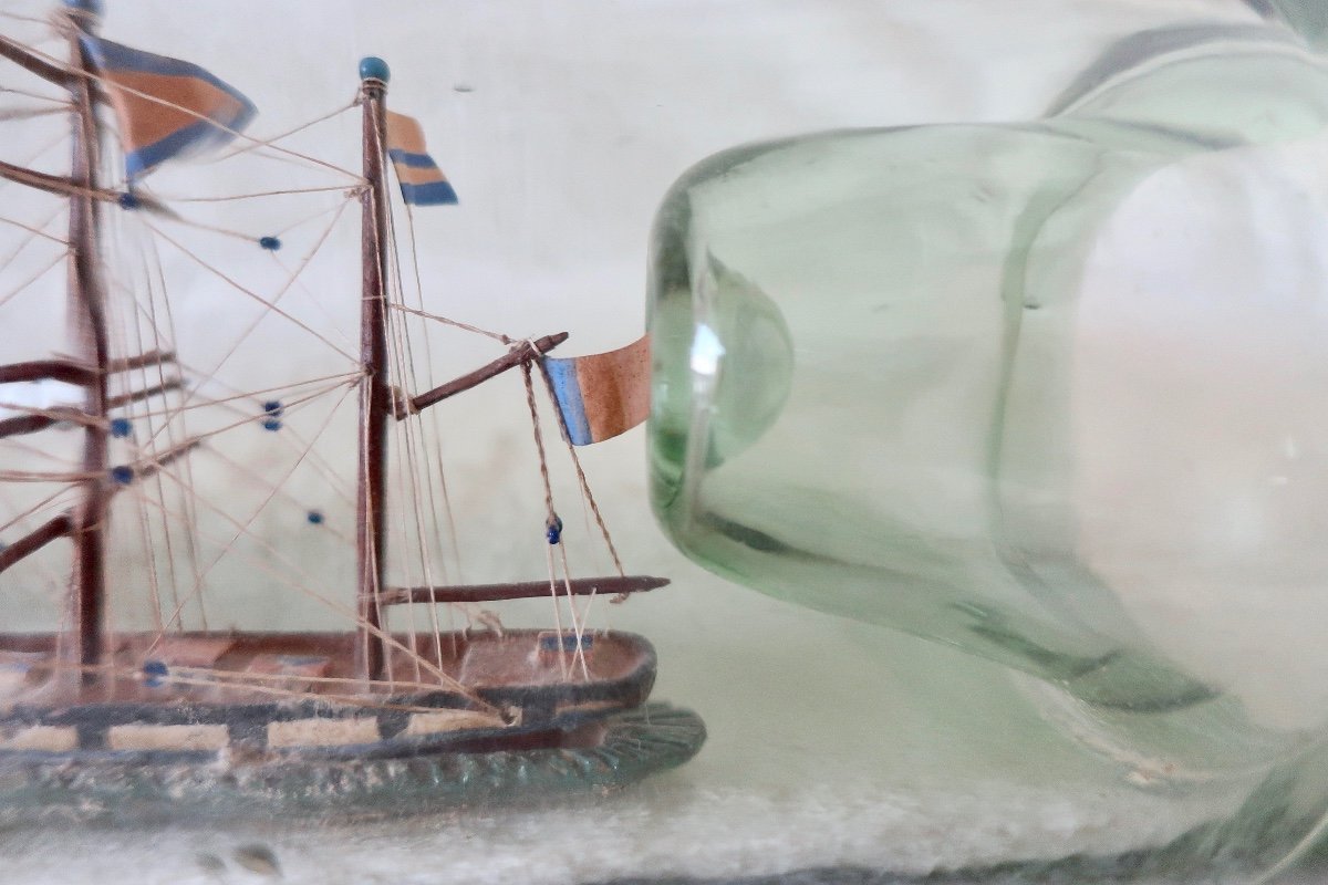 Boat, Sailboat In Bottle, With Tugboat, 19th Century-photo-2