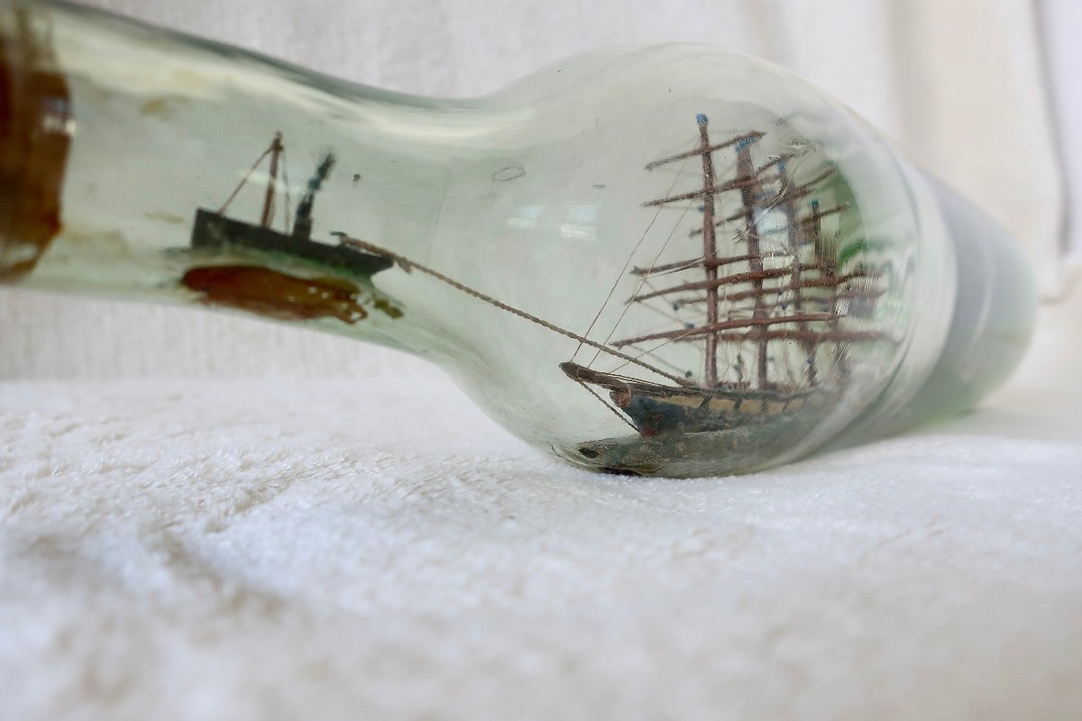 Boat, Sailboat In Bottle, With Tugboat, 19th Century-photo-3