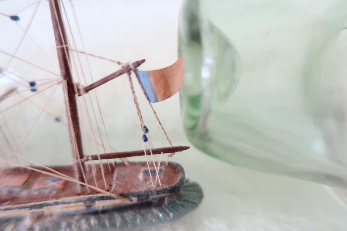 Boat, Sailboat In Bottle, With Tugboat, 19th Century-photo-5