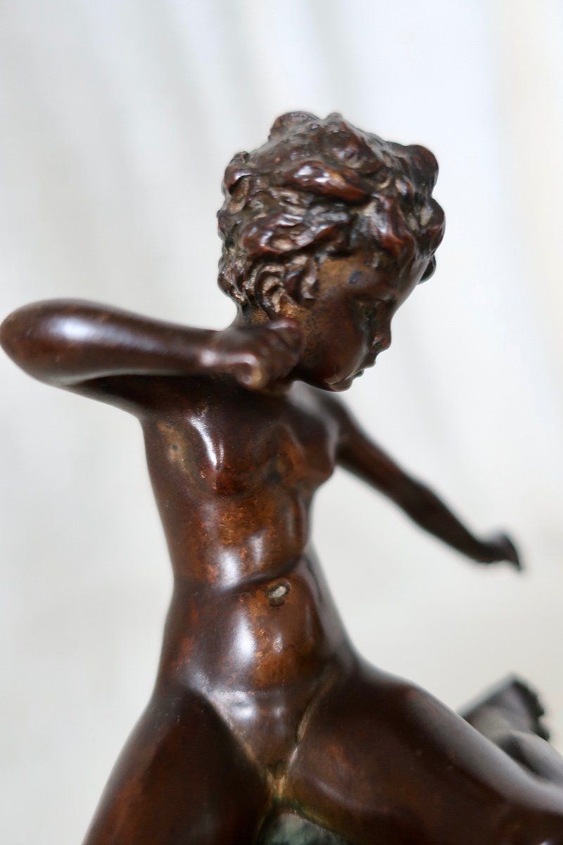 Small 19th Century Bronze Of A Cupid, Love Or Cherub On Antique Green Marble Column.