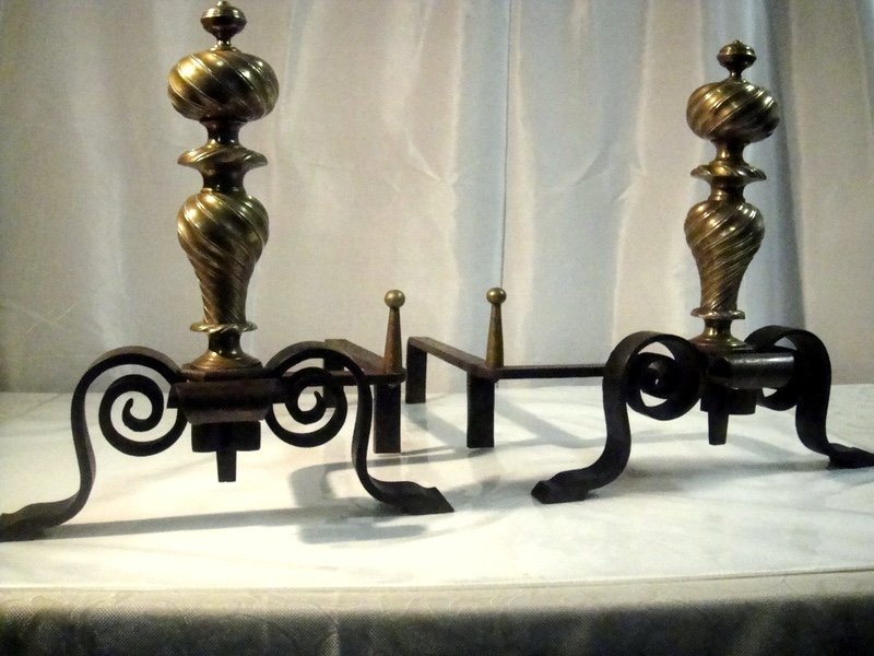 Pair Of 19th Century Louis XIV Style Firedogs, Cast Iron And Bronze.-photo-2