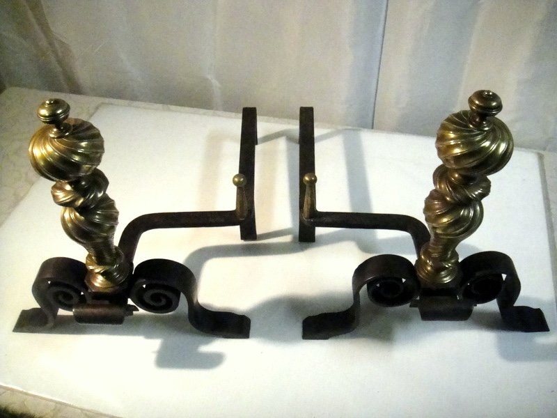 Pair Of 19th Century Louis XIV Style Firedogs, Cast Iron And Bronze.-photo-3