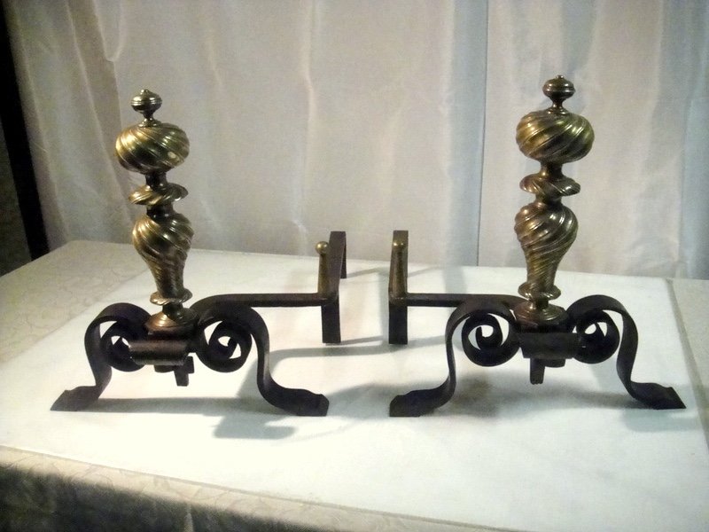 Pair Of 19th Century Louis XIV Style Firedogs, Cast Iron And Bronze.