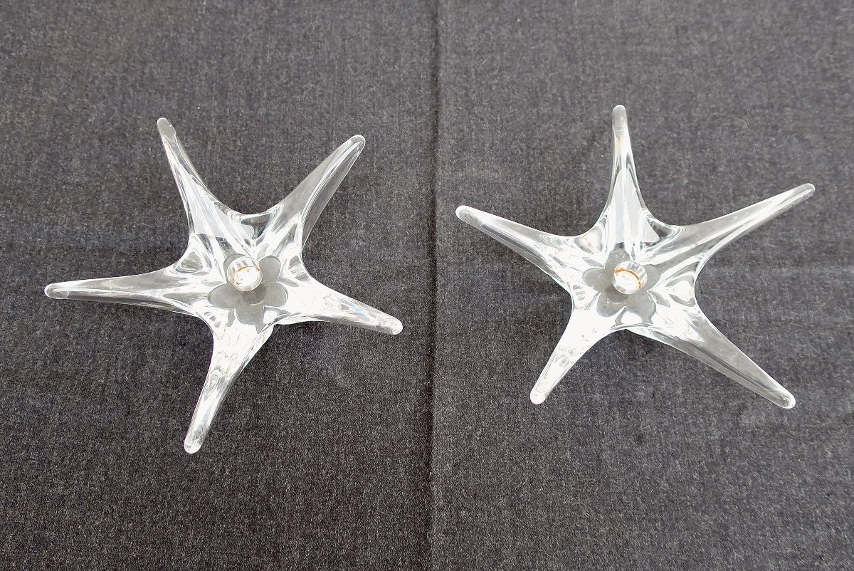 2 Daum France Candlesticks, Large "starfish" Model, Crystal, Circa 1960/70, Very Good Condition-photo-3