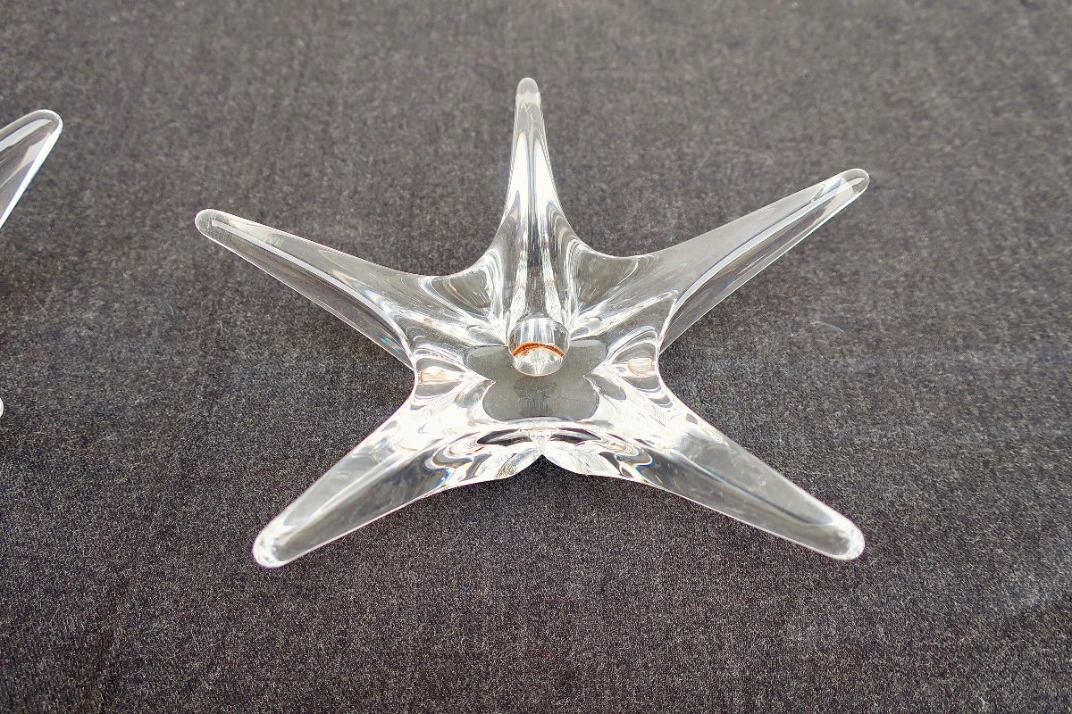 2 Daum France Candlesticks, Large "starfish" Model, Crystal, Circa 1960/70, Very Good Condition-photo-4