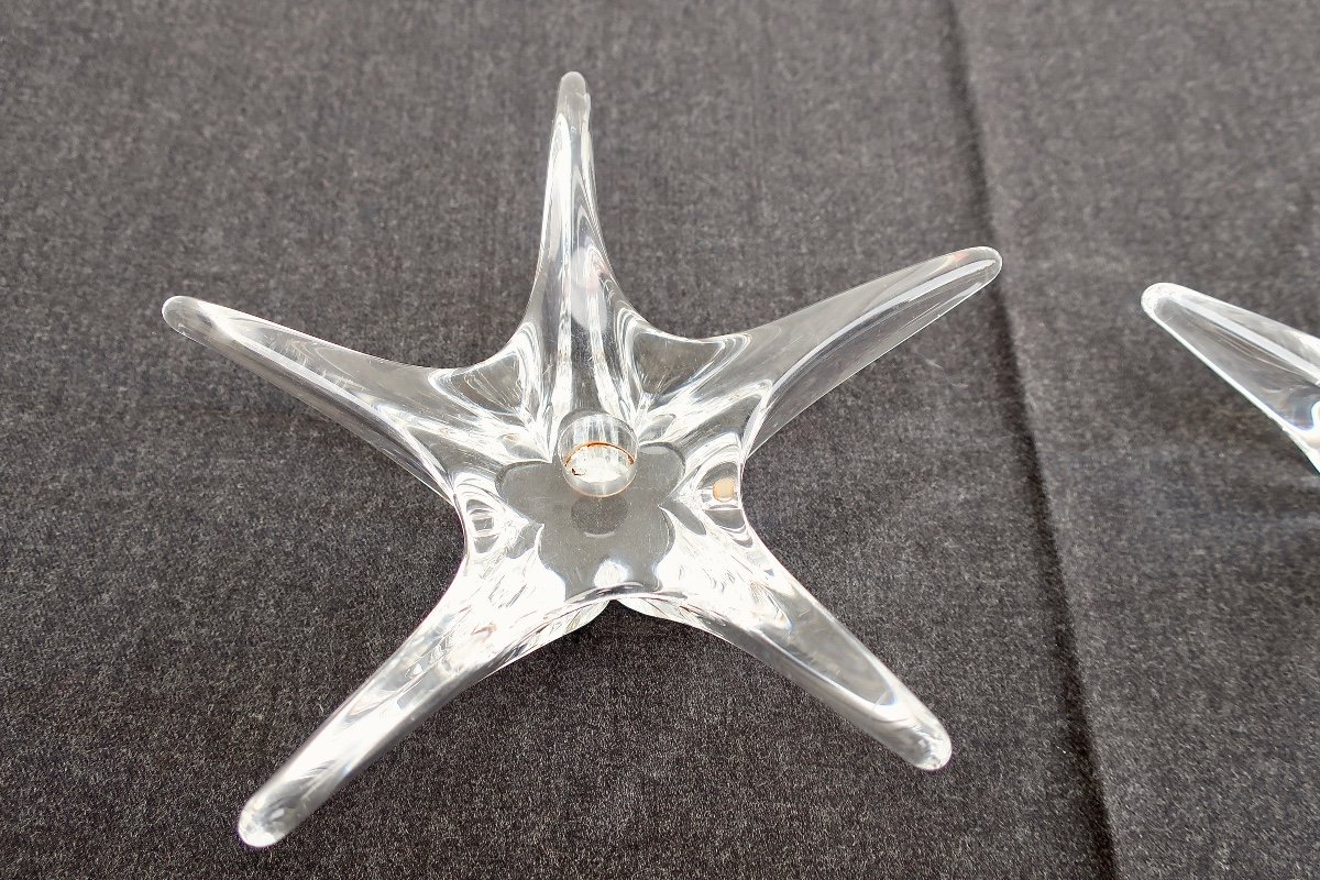 2 Daum France Candlesticks, Large "starfish" Model, Crystal, Circa 1960/70, Very Good Condition-photo-1