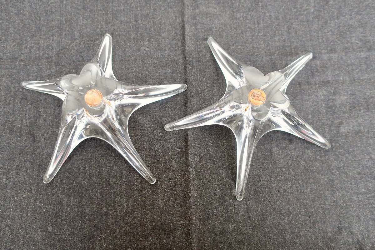 2 Daum France Candlesticks, Large "starfish" Model, Crystal, Circa 1960/70, Very Good Condition-photo-2