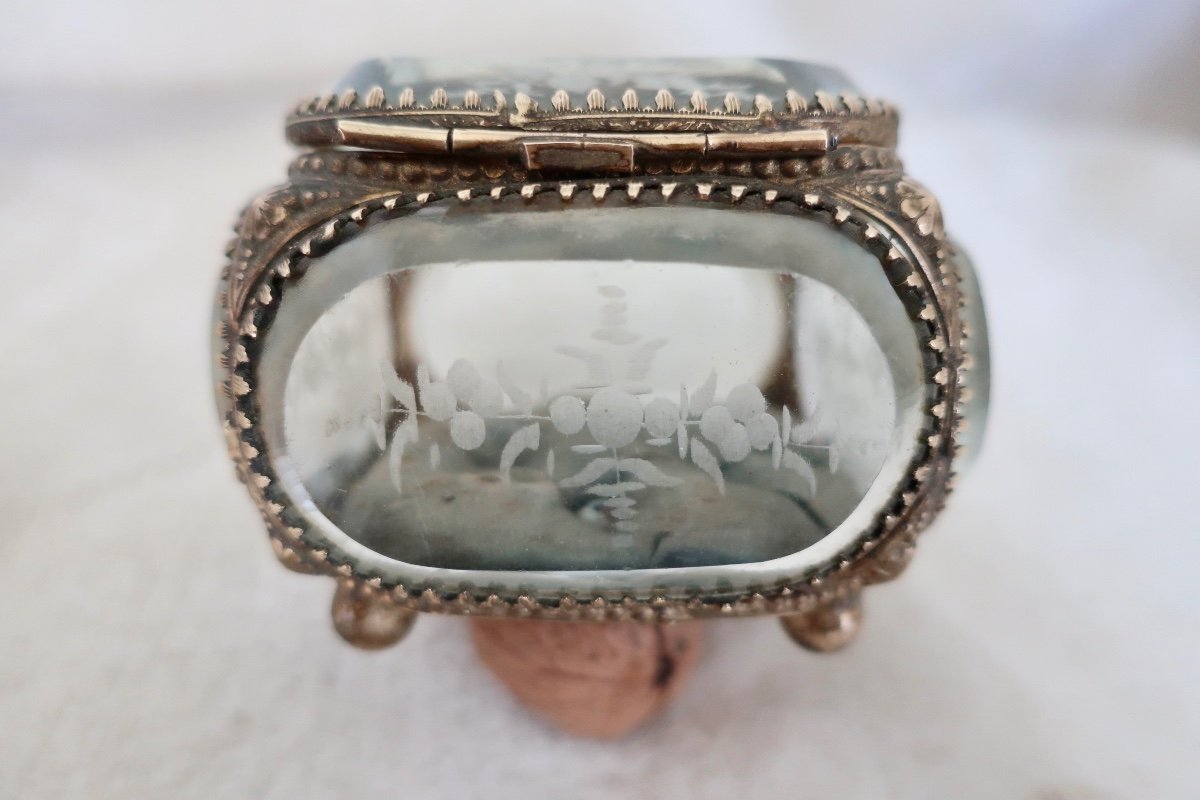 19th Century Second Empire Jewelry Box In Brass And Engraved And Beveled Crystal, Very Good Condition.-photo-4