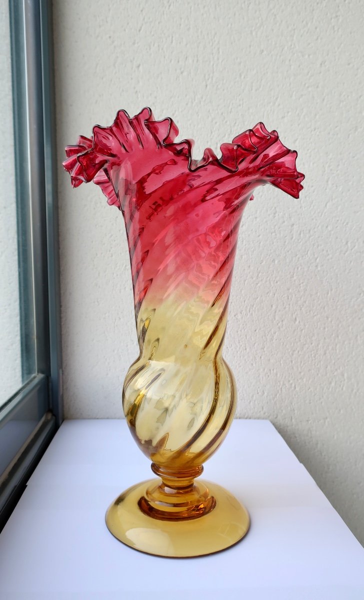 Grand Vase Tulipe XIXème En Cristal Torsadé Rouge Et Ambre "Amberina" Col Festonné 34 Cm TBE-photo-8