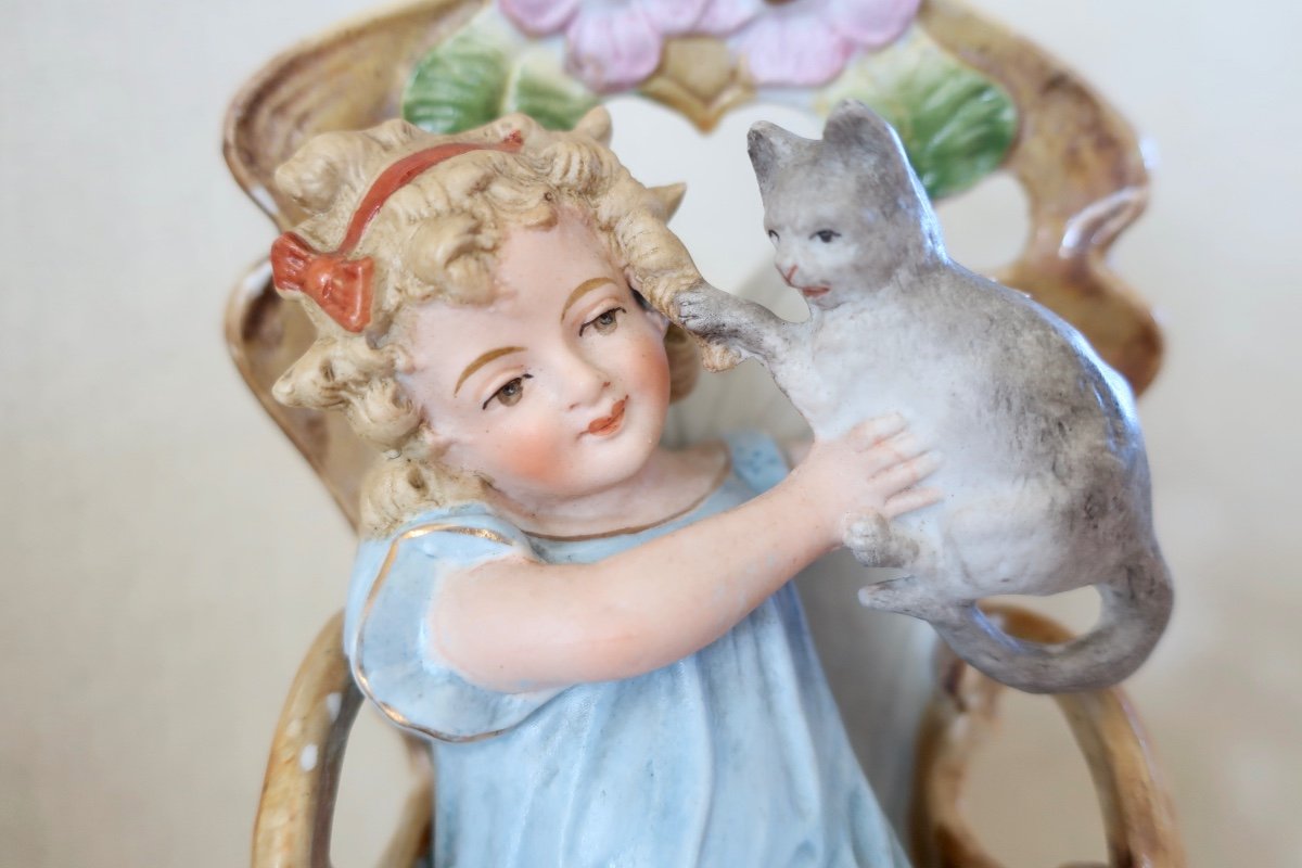 Awf: Little Girl With Cat Polychrome Biscuit 24 Cm Kister Scheibe-alsbach Around 1910, Cherub..-photo-2