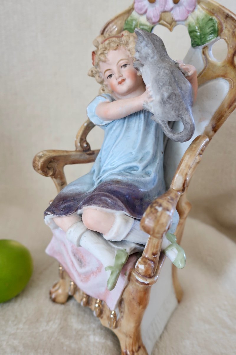 Awf: Little Girl With Cat Polychrome Biscuit 24 Cm Kister Scheibe-alsbach Around 1910, Cherub..-photo-3