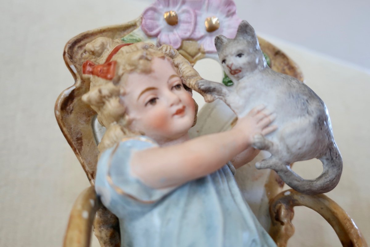 Awf: Little Girl With Cat Polychrome Biscuit 24 Cm Kister Scheibe-alsbach Around 1910, Cherub..-photo-5