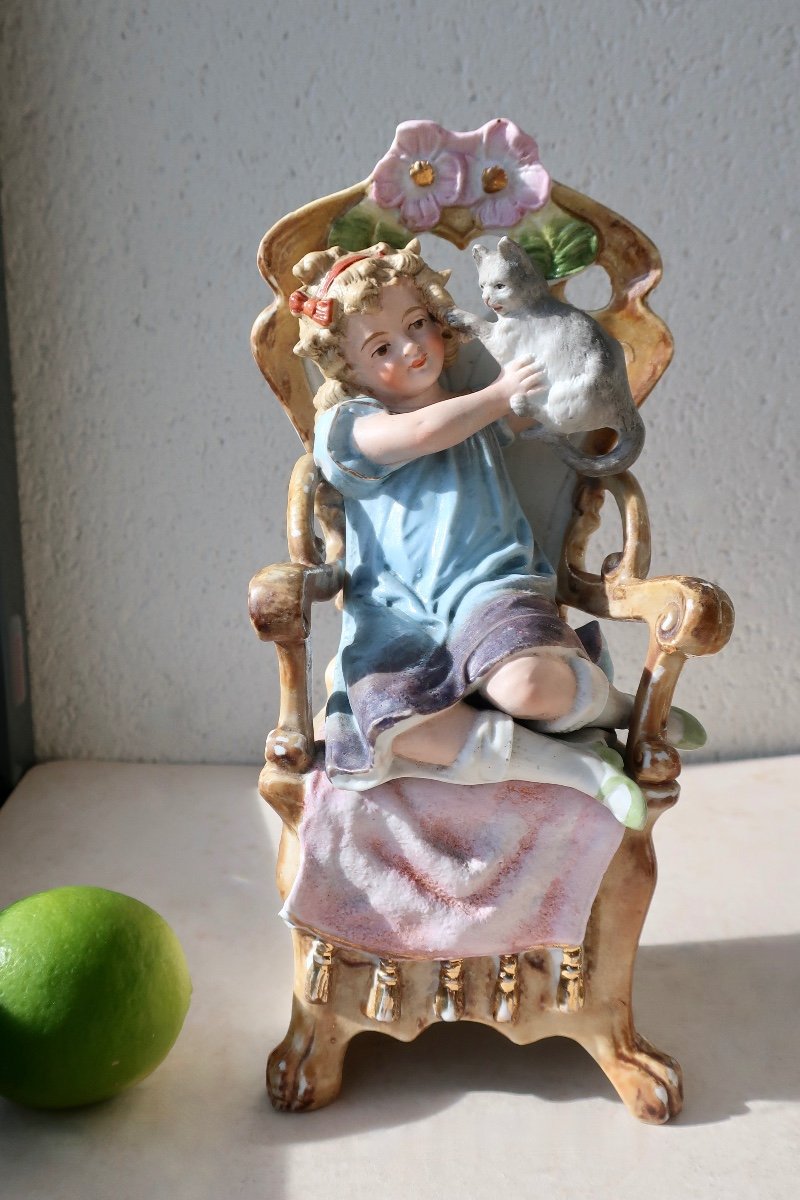 Awf: Little Girl With Cat Polychrome Biscuit 24 Cm Kister Scheibe-alsbach Around 1910, Cherub..-photo-8