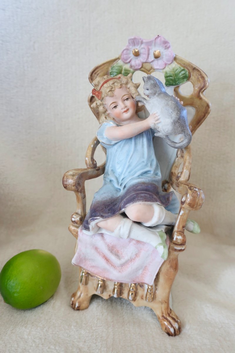 Awf: Little Girl With Cat Polychrome Biscuit 24 Cm Kister Scheibe-alsbach Around 1910, Cherub..