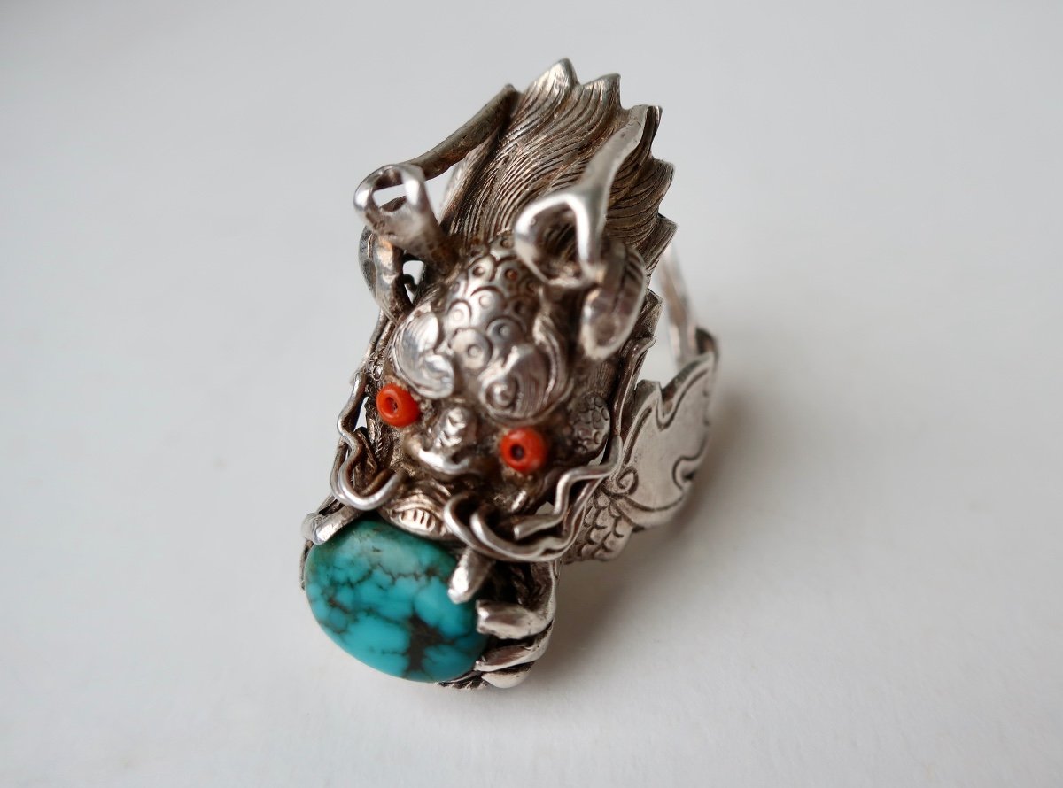 Ethnic Dragon Ring Tibet, Nepal In Silver And Turquoise, Size 60-photo-2