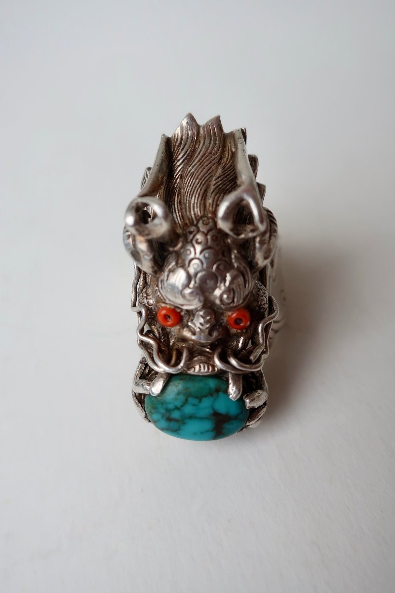 Ethnic Dragon Ring Tibet, Nepal In Silver And Turquoise, Size 60-photo-1