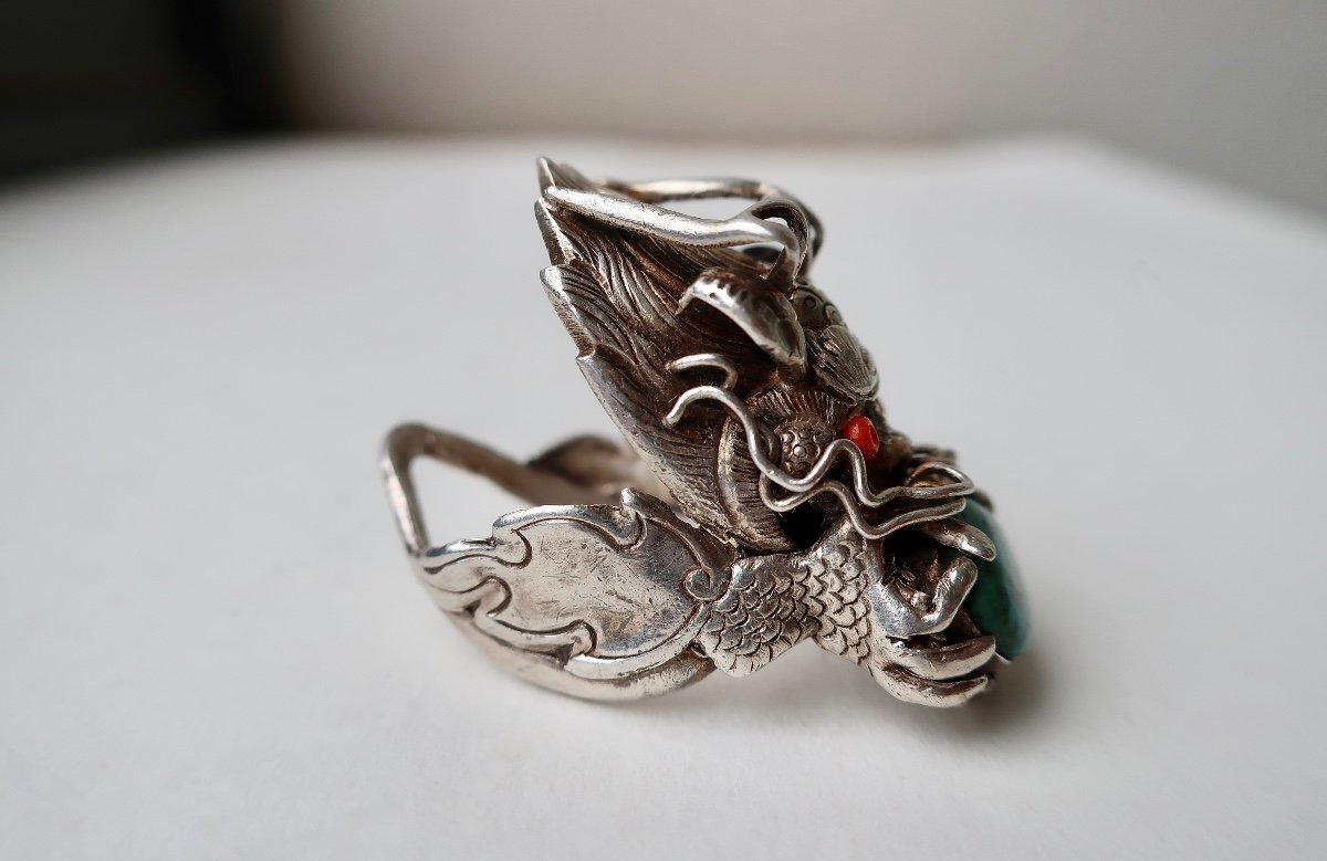 Ethnic Dragon Ring Tibet, Nepal In Silver And Turquoise, Size 60-photo-2