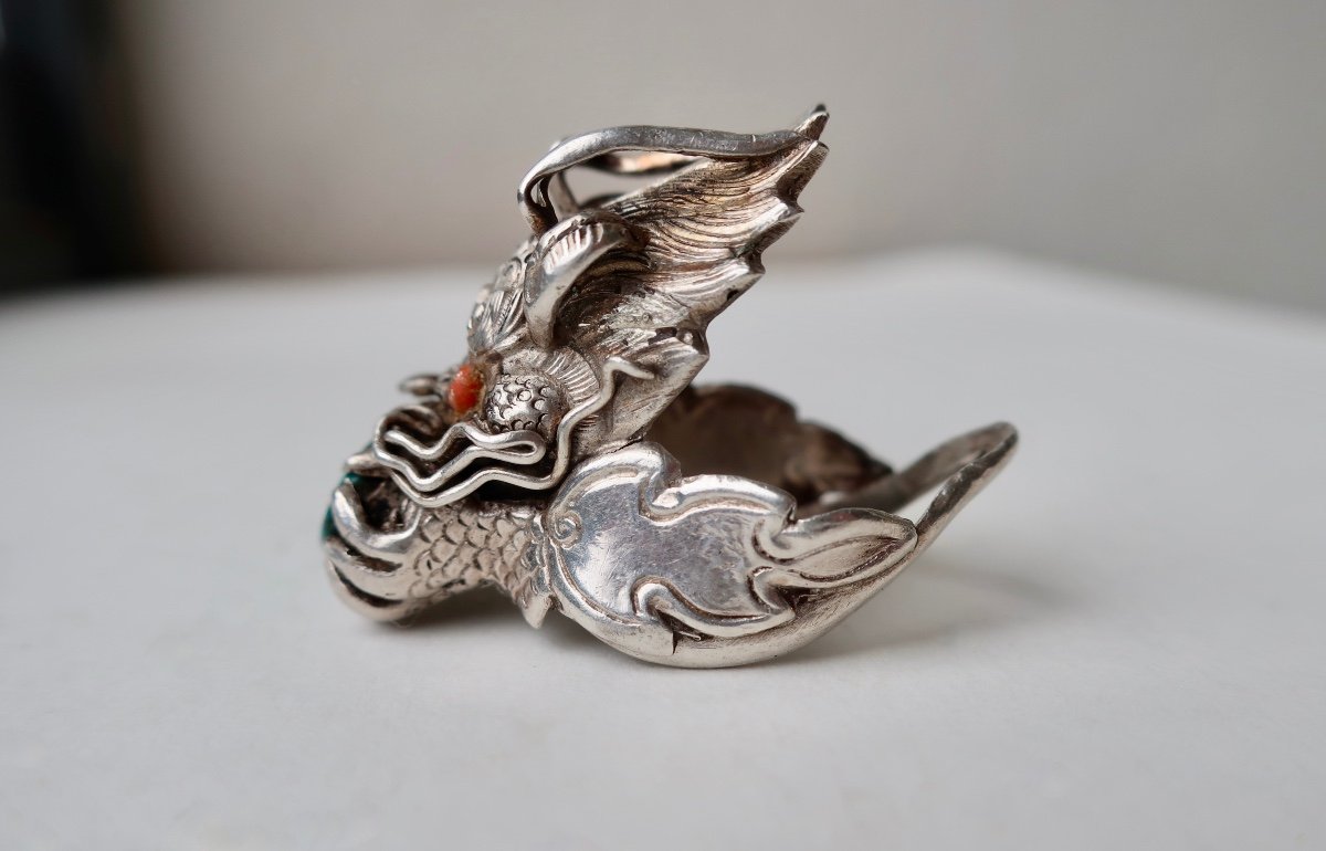 Ethnic Dragon Ring Tibet, Nepal In Silver And Turquoise, Size 60-photo-4