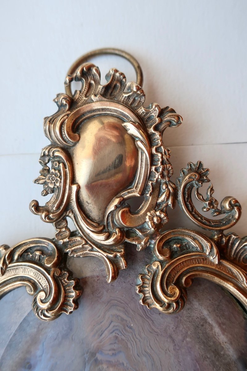 Curious Little 18th Century Baroque Bronze Mirror, Oxidized Mercury Glass-photo-4