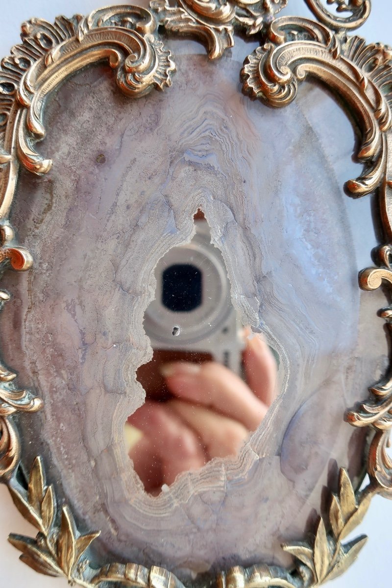 Curious Little 18th Century Baroque Bronze Mirror, Oxidized Mercury Glass-photo-8