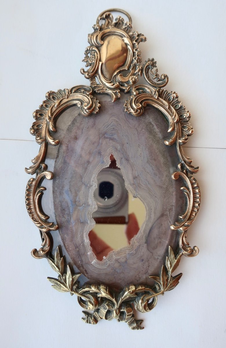 Curious Little 18th Century Baroque Bronze Mirror, Oxidized Mercury Glass