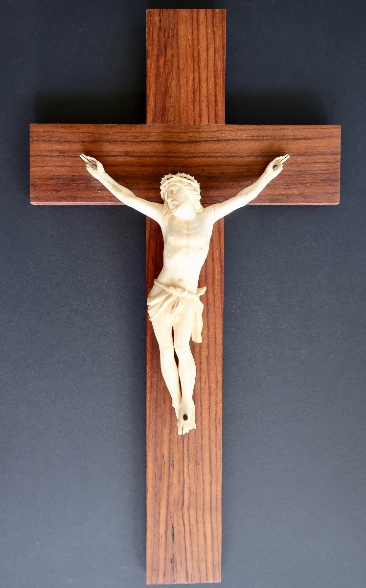 19th Century Ivory Christ On Rosewood Cross, Perfect Condition-photo-2