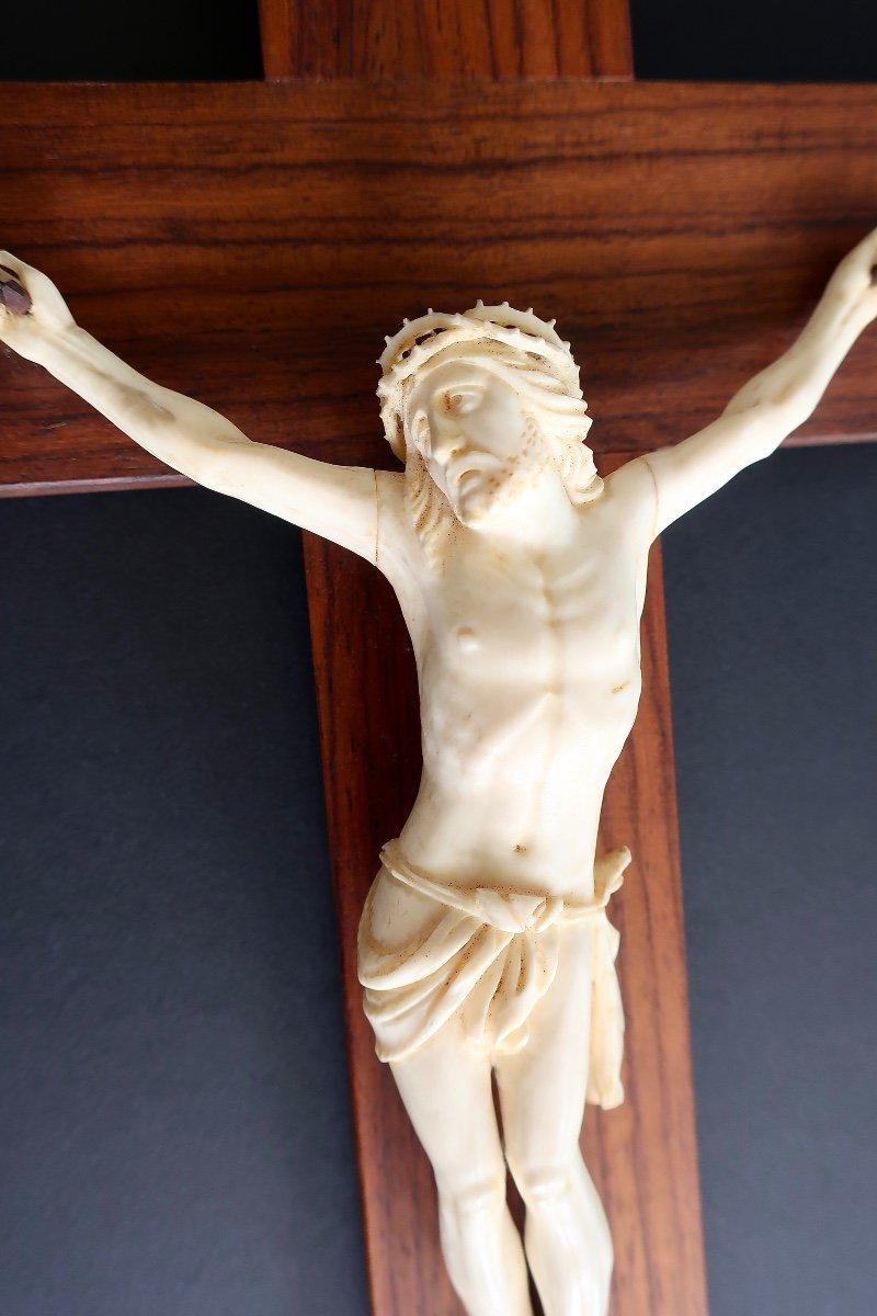 19th Century Ivory Christ On Rosewood Cross, Perfect Condition-photo-3