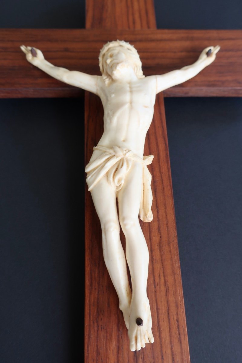 19th Century Ivory Christ On Rosewood Cross, Perfect Condition-photo-4