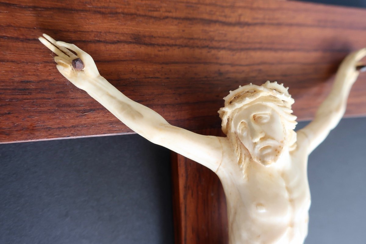 19th Century Ivory Christ On Rosewood Cross, Perfect Condition-photo-2