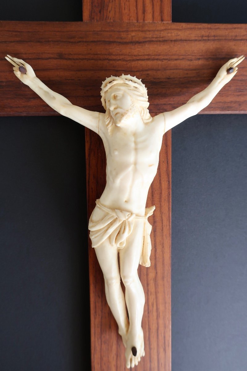 19th Century Ivory Christ On Rosewood Cross, Perfect Condition