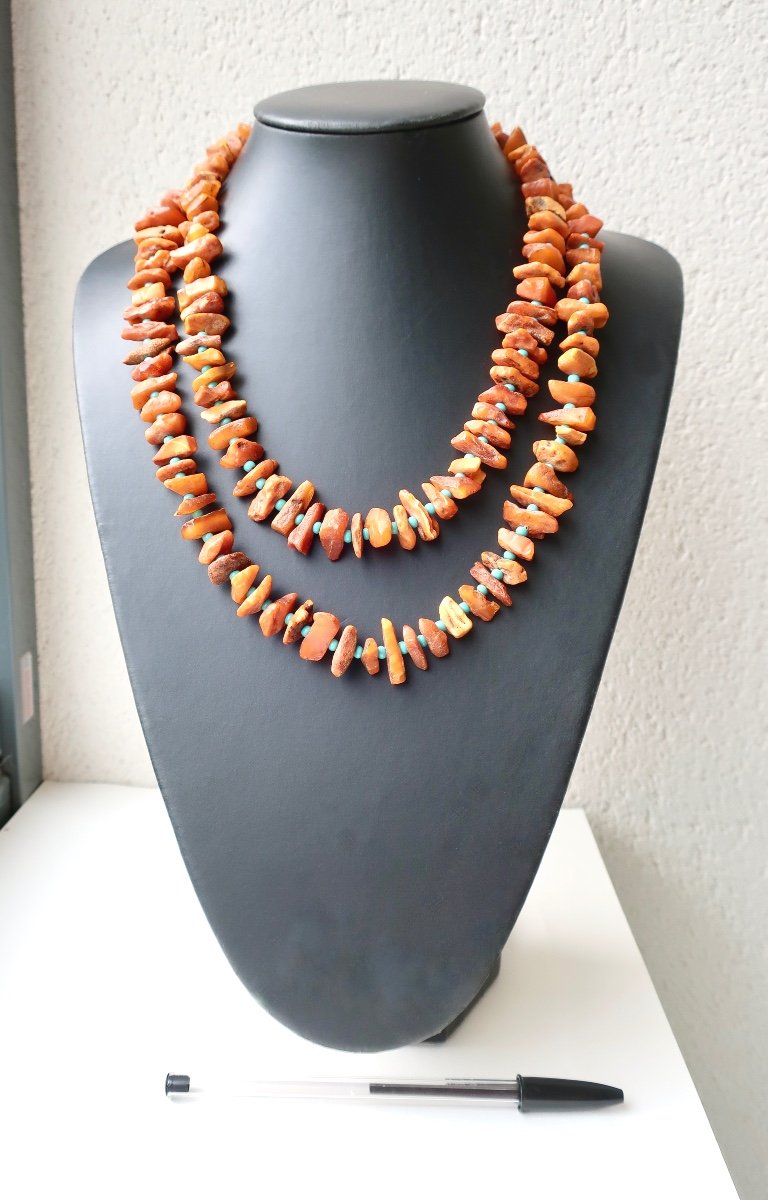 Beautiful Double Row Necklace In Raw Baltic Amber 56 Cm, Very Good Condition-photo-2