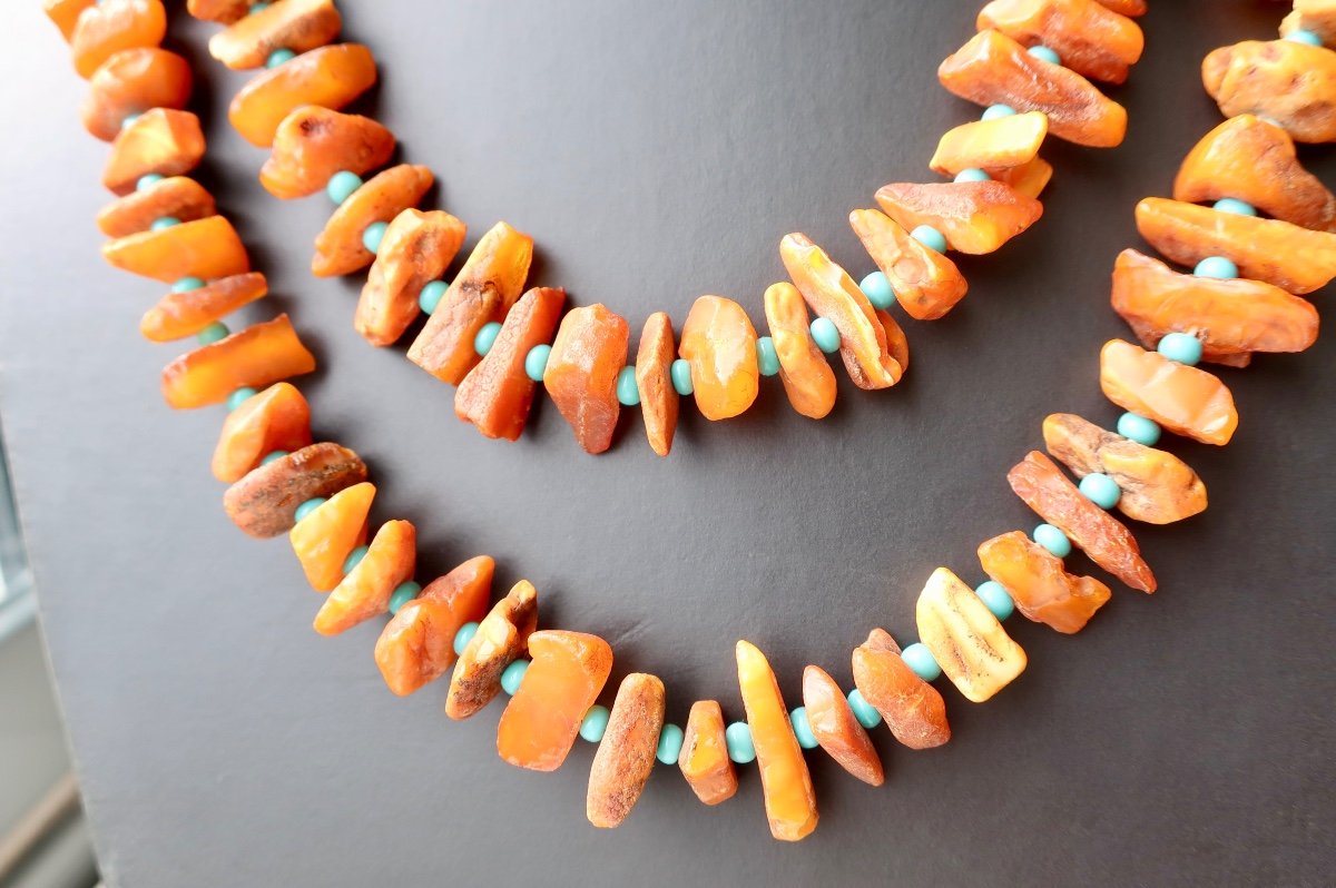 Beautiful Double Row Necklace In Raw Baltic Amber 56 Cm, Very Good Condition-photo-3