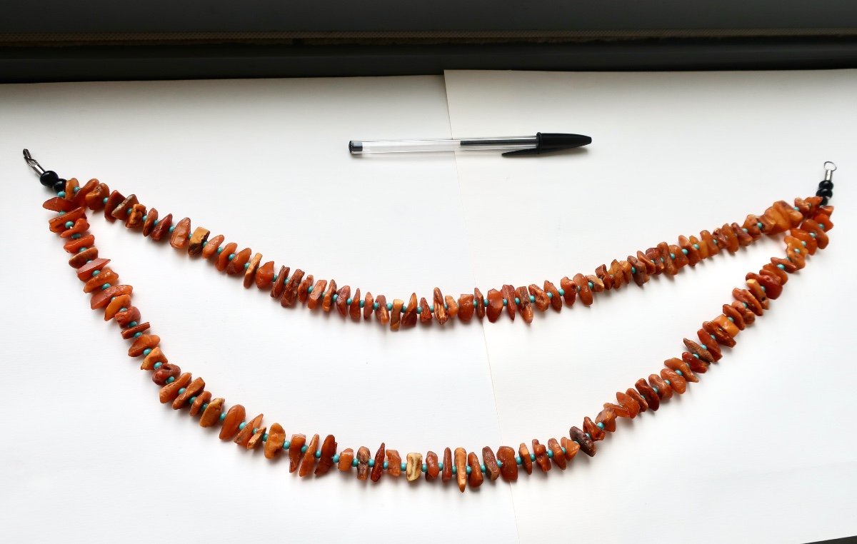 Beautiful Double Row Necklace In Raw Baltic Amber 56 Cm, Very Good Condition-photo-4