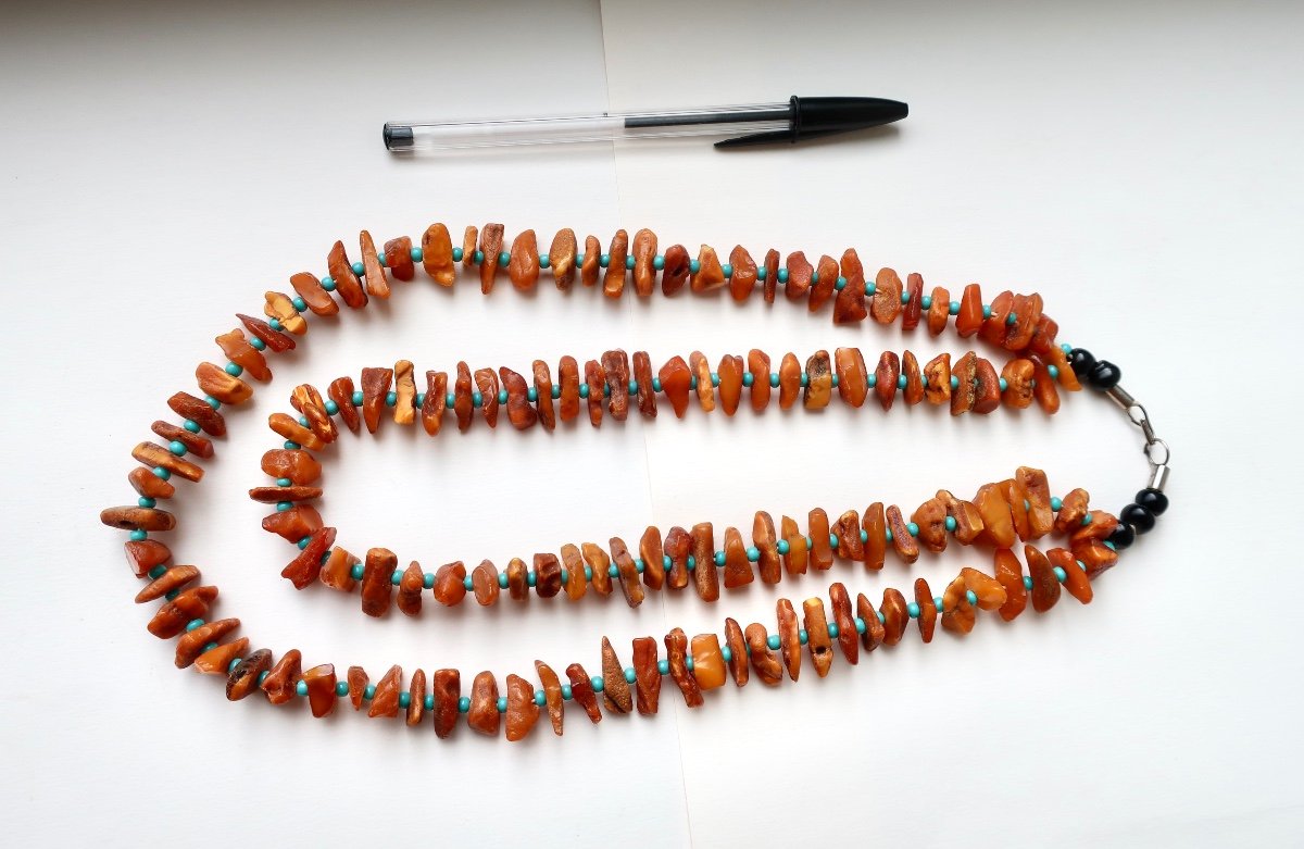 Beautiful Double Row Necklace In Raw Baltic Amber 56 Cm, Very Good Condition-photo-5