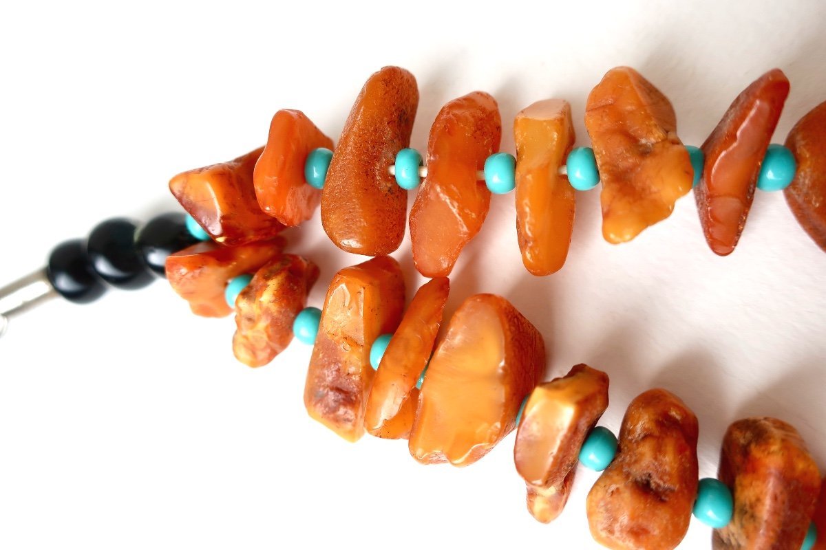 Beautiful Double Row Necklace In Raw Baltic Amber 56 Cm, Very Good Condition-photo-7