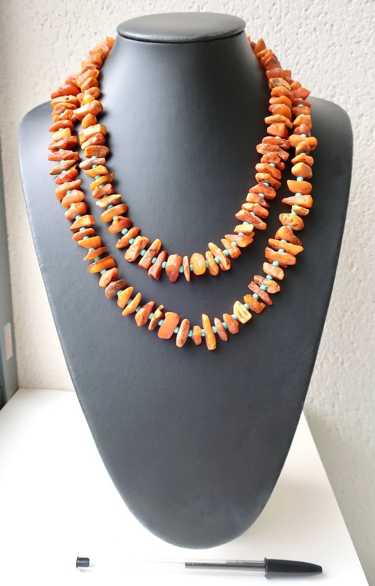 Beautiful Double Row Necklace In Raw Baltic Amber 56 Cm, Very Good Condition