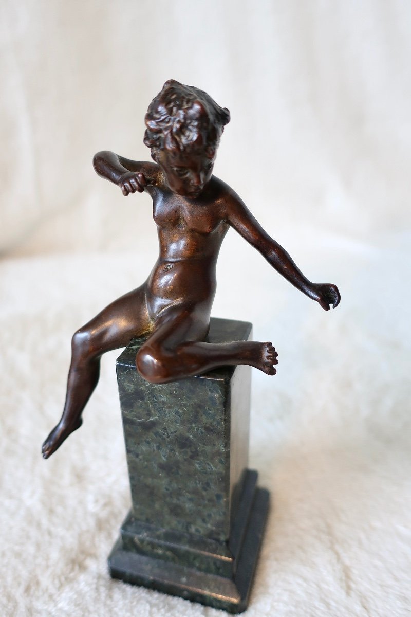 Rare Small Bronze 19th Century, Cupid, Love, Cherub On Antique Green Marble Column-photo-3