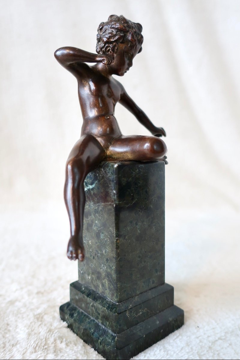 Rare Small Bronze 19th Century, Cupid, Love, Cherub On Antique Green Marble Column-photo-4