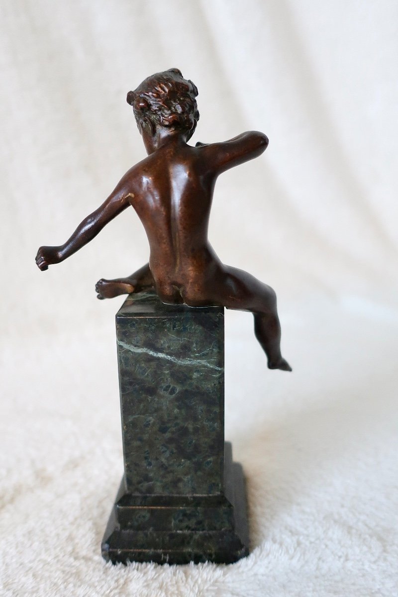 Rare Small Bronze 19th Century, Cupid, Love, Cherub On Antique Green Marble Column-photo-1