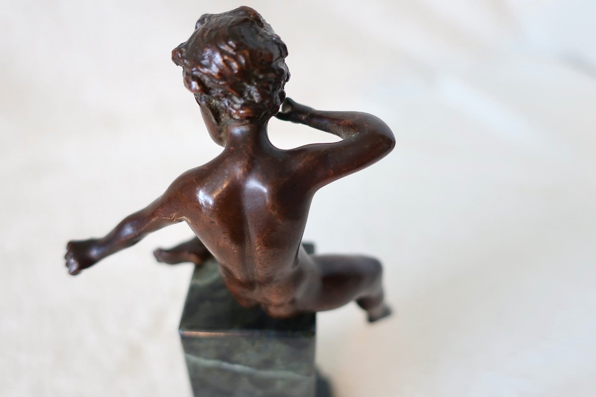 Rare Small Bronze 19th Century, Cupid, Love, Cherub On Antique Green Marble Column-photo-2