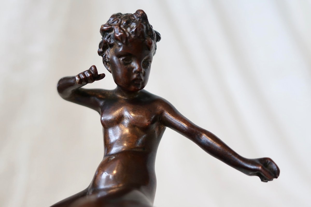 Rare Small Bronze 19th Century, Cupid, Love, Cherub On Antique Green Marble Column-photo-3