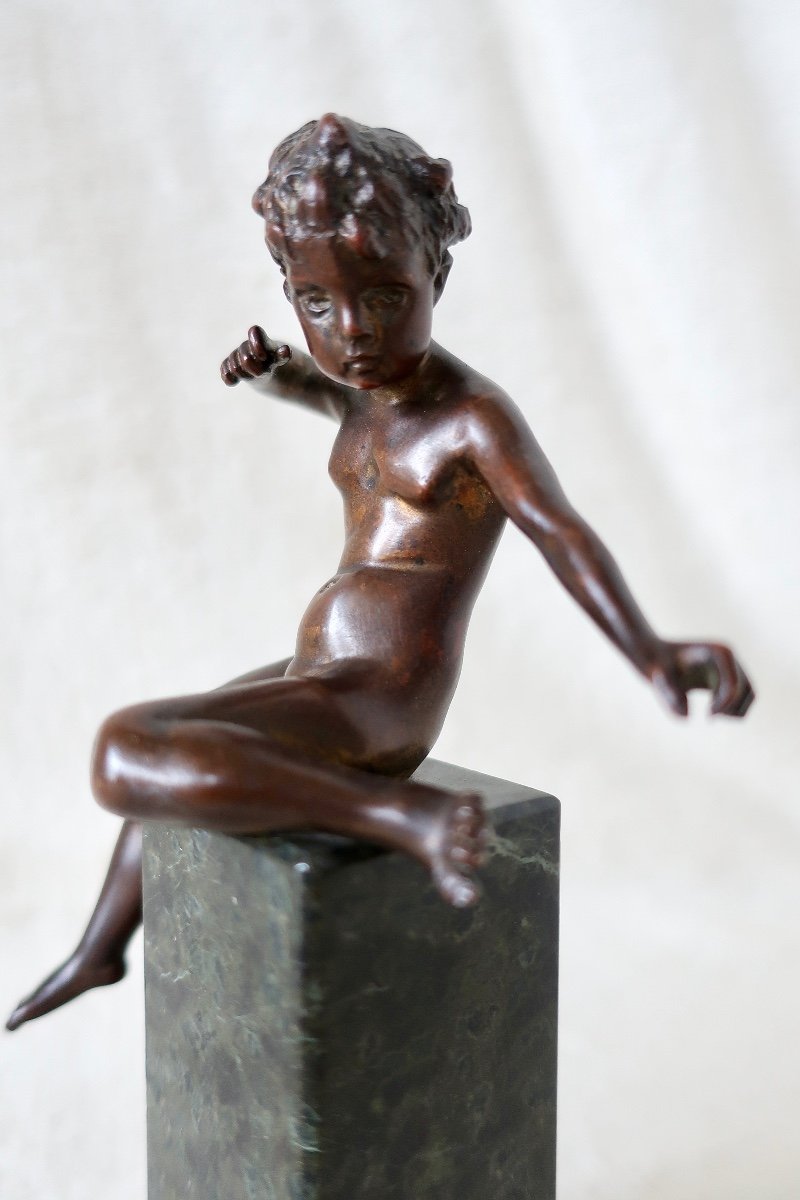 Rare Small Bronze 19th Century, Cupid, Love, Cherub On Antique Green Marble Column-photo-5